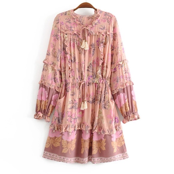 SOLD OUT Boho Gypsy Floral Long Sleeve Ruffle Mini Dress - Picture 5 of 8